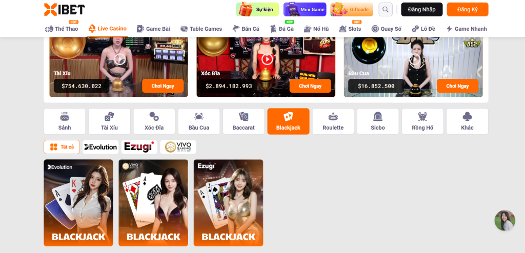 Giao diện chọn sảnh cược live casino trò blackjack XIBET