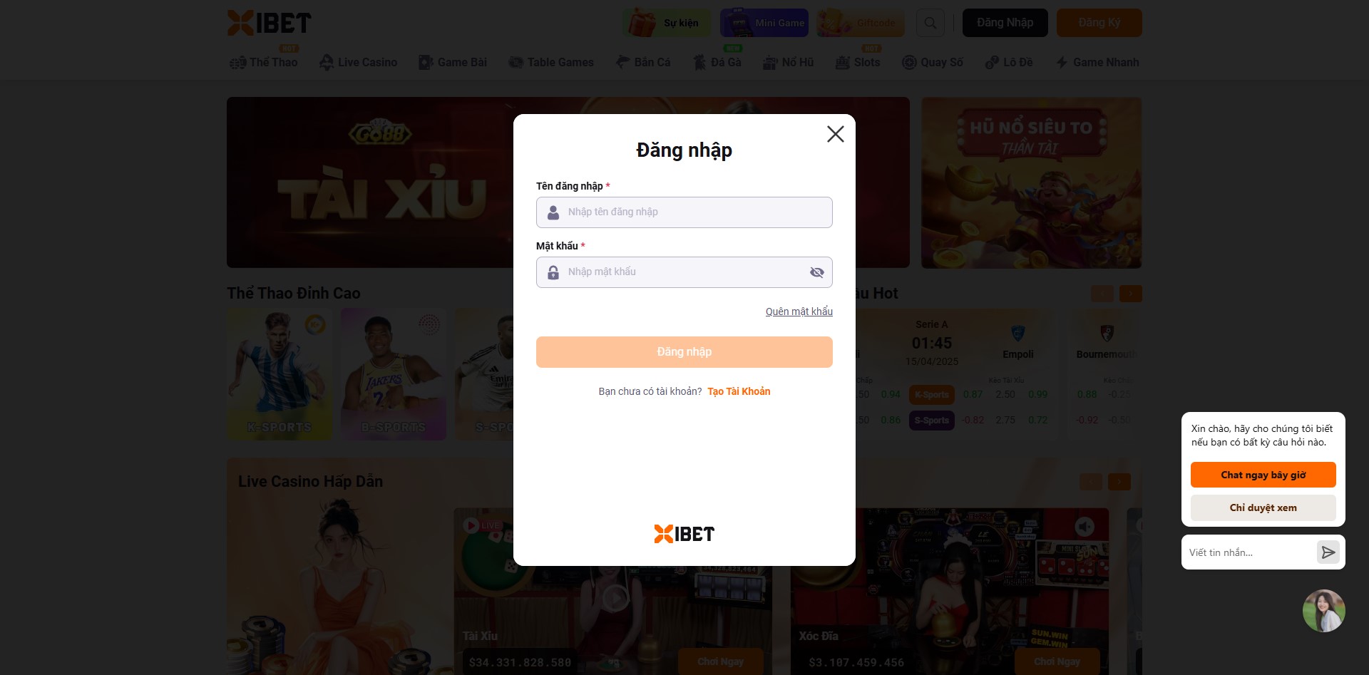 Biểu mẫu đăng nhập XIBET